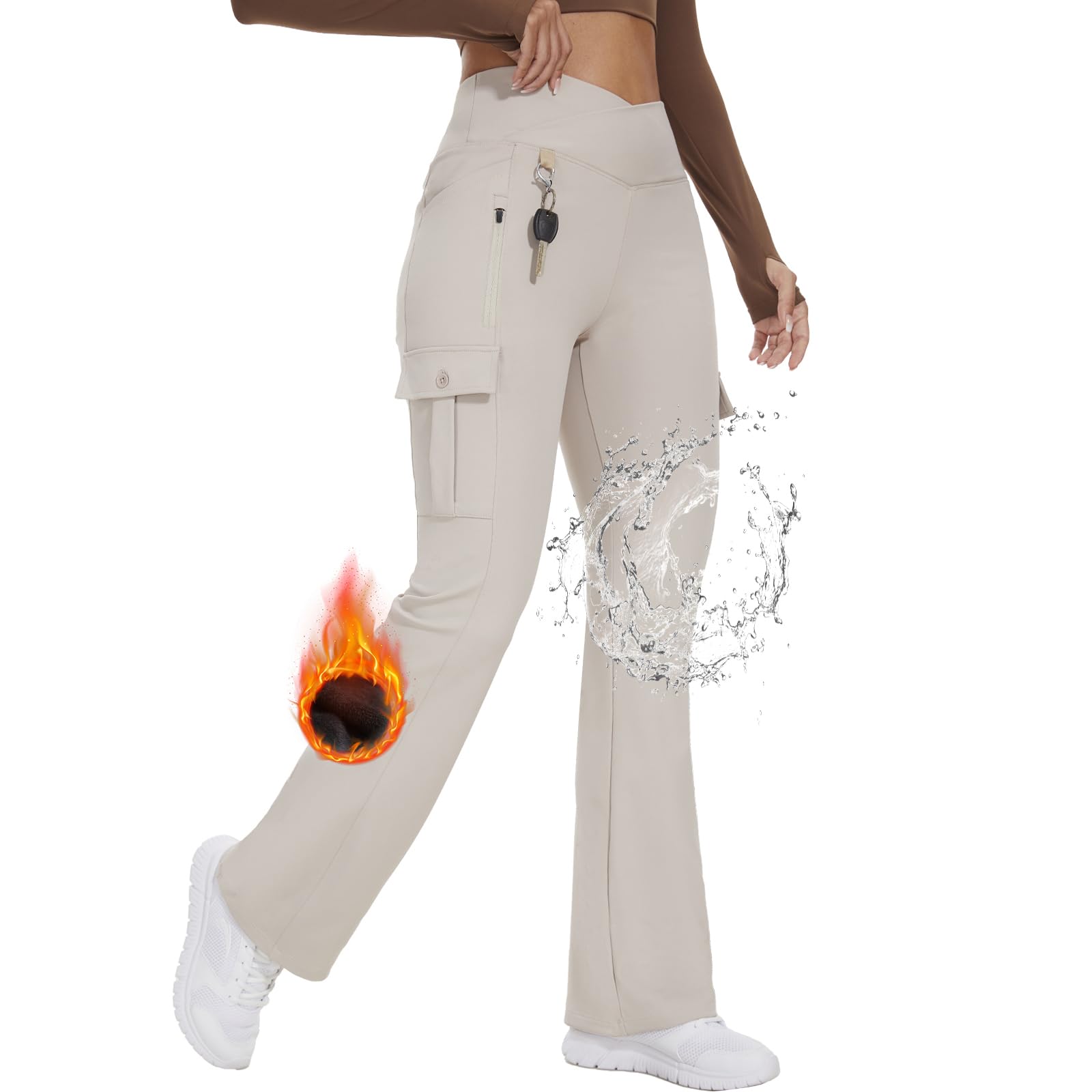 Yoga Flare Leggings for Women High Waisted Yoga Casual Pants Workout Leggings Cargo with 6 Pockets Bootcut Yoga Pants Khaki-fleece（w/R） Medium