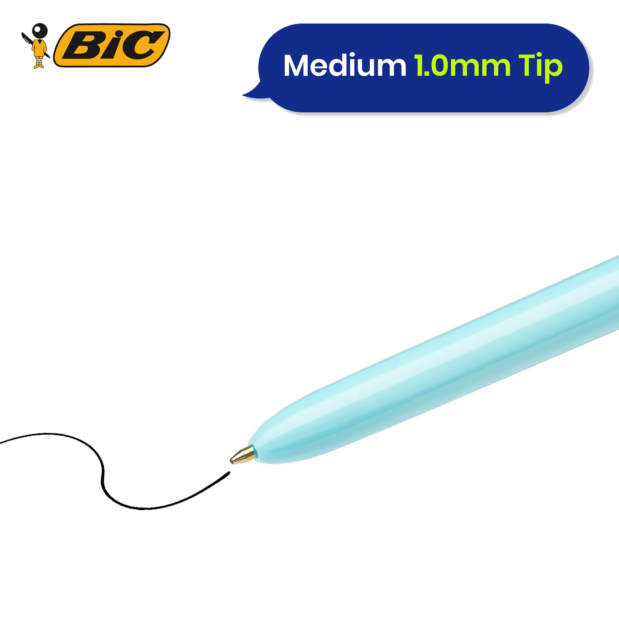 BIC Lot de 24 stylos amusants 4 couleurs avec corps en plastique de 1 mm, quatre couleurs d'encre en un pour écriture lisse, stylo multi-stylos 4 en un avec trou de clip et cordon pour étudiants et