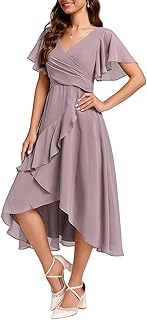 Women's Wrap V Neck Flutter Sleeve Chiffon Cocktail Wedding Guest Dress ...