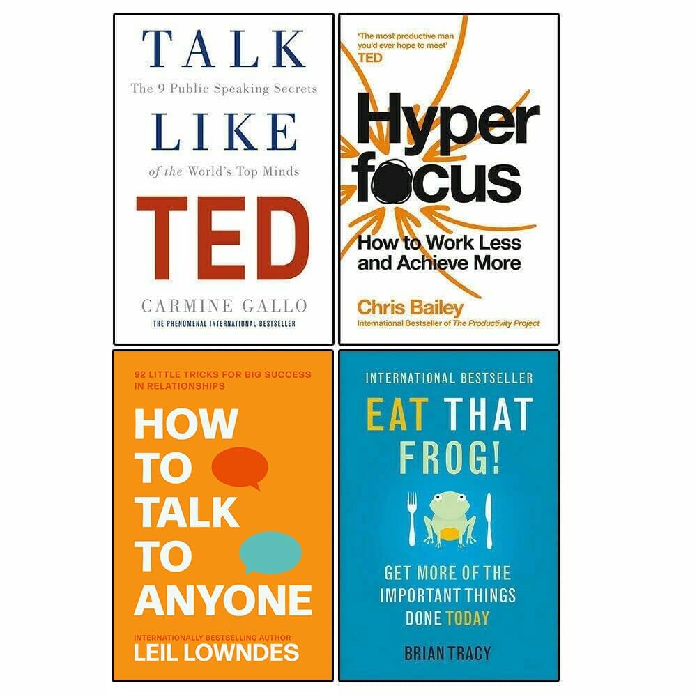 Talk Like TED, Hyperfocus, Eat That Frog!, How to Talk to Anyone 4 Books Collection Set