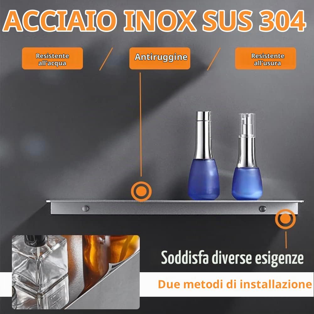 2 Mensole da Doccia in Acciaio Inox Montate al Muro, Senza Foratura, Autoadesive, Accessori da Bagno per Bagno e Cucina (Cromo, 2 pezzi)