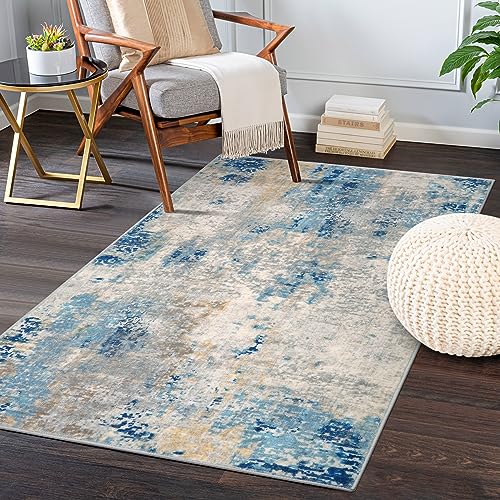 Lahome Modern Abstract Area Rug 3x5, Washable Bedroom Rug Soft Throw Entry Mat Contemporary Faux Wool Non-Slip Stain Resistant Carpet for Living Room Kitchen Bath Office, Blue/Yellow/Ivory