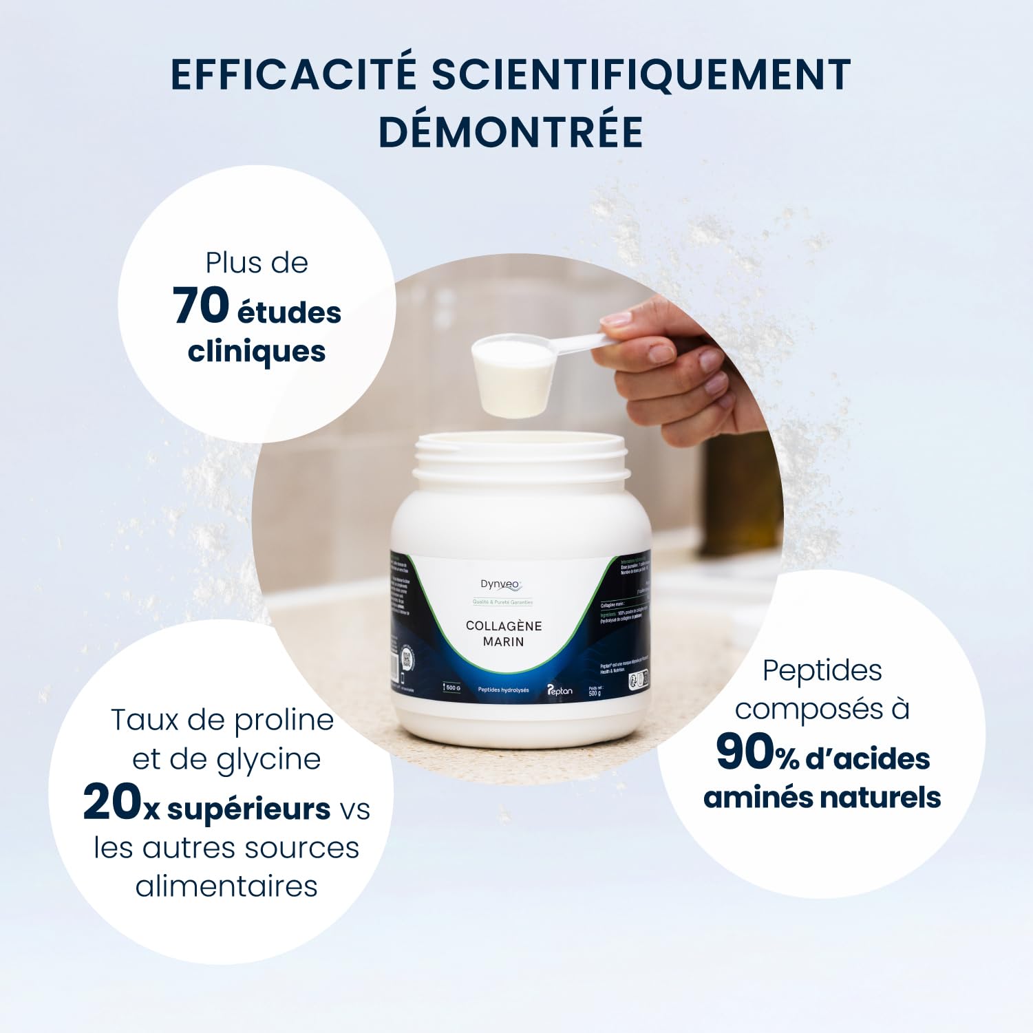 Collagène Marin hydrolysé - Peau souple & hydratée - Type 1 peptides bioactifs 2000 DA - Haute Biodisponibilité - Collagène en Poudre Qualité Peptan®- Issu de pêche durable - 500G (48 jours) - Dynveo