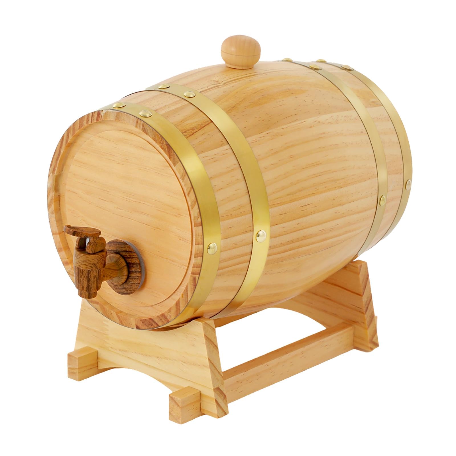 Beczka na wino z drewna sosnowego, 3 l, wielokrotnego użytku, z oponami ze stali nierdzewnej, wyściółka z folii aluminiowej, praktyczny kranik i stojak, drewniana beczka na wino i whisky