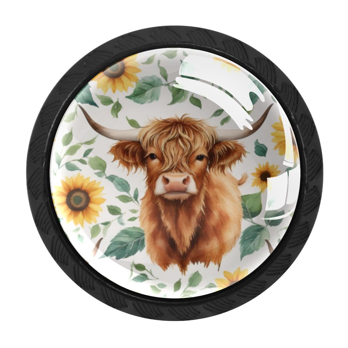 4 PCS Cabinet Knobs, Highland Cow Sunflower Drawer Knobs Dresser Handles