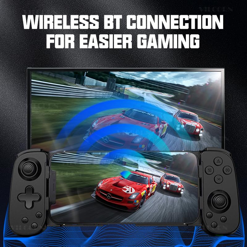VILCORN controller wirelessly connected to a large screen, showing racing game.