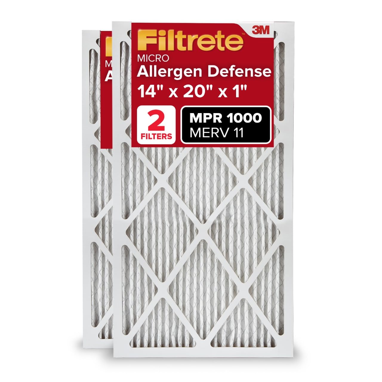 Filtrete 14x20x1 AC Furnace Air Filter, MERV 11, MPR 1000, Micro Allergen Defense, 3-Month Pleated 1-Inch Electrostatic Air Cleaning Filter, 2 Pack (Actual Size 13.781 x 19.781 x 0.84 in)