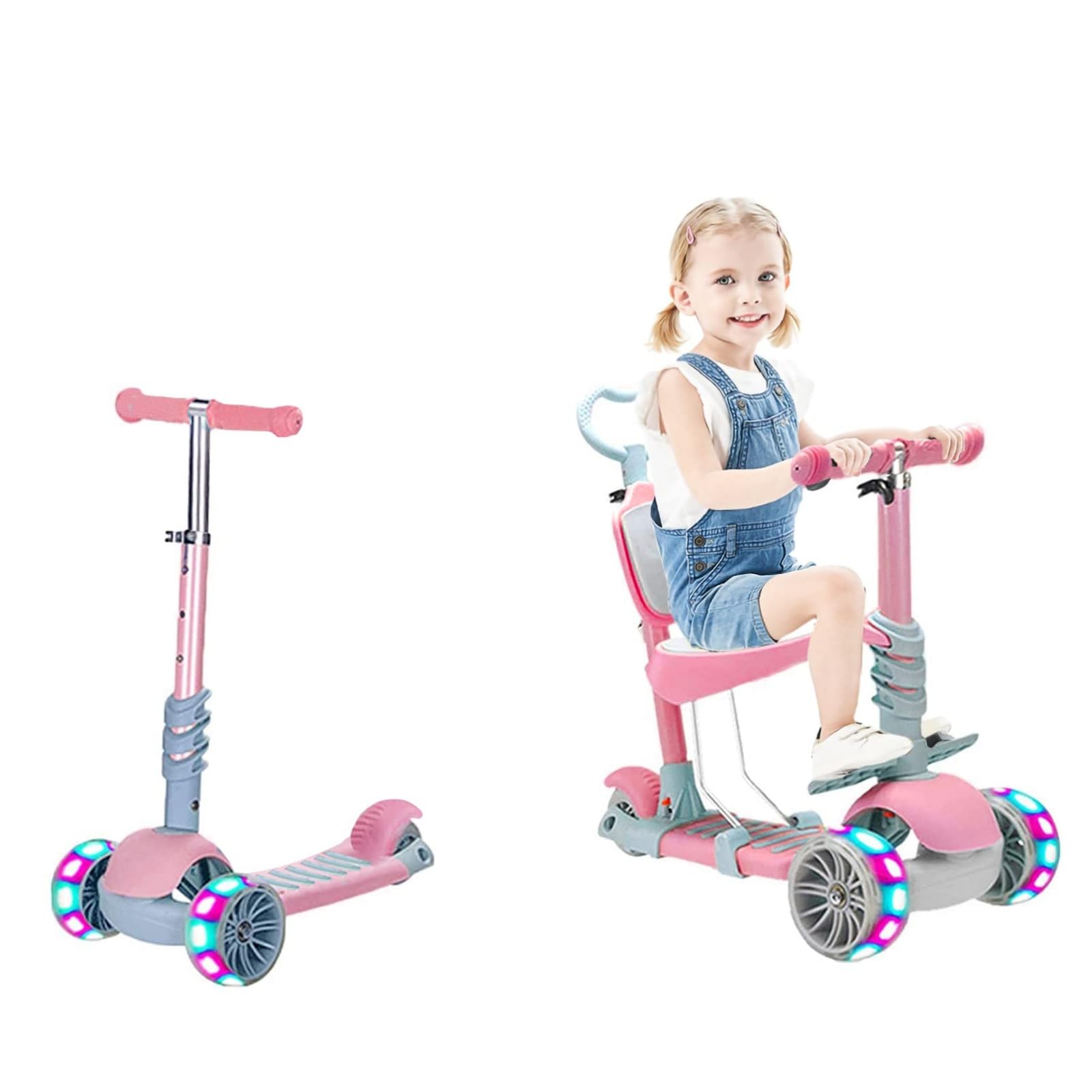 5-in-1 Kids Scooter with Removable Seat, 3 PU Flashing Wheels, Adjustable Height Handlebar, Comfortable Backrest, Easy to Steer, Kids Scooter for Boys and Girls Ages 1-6