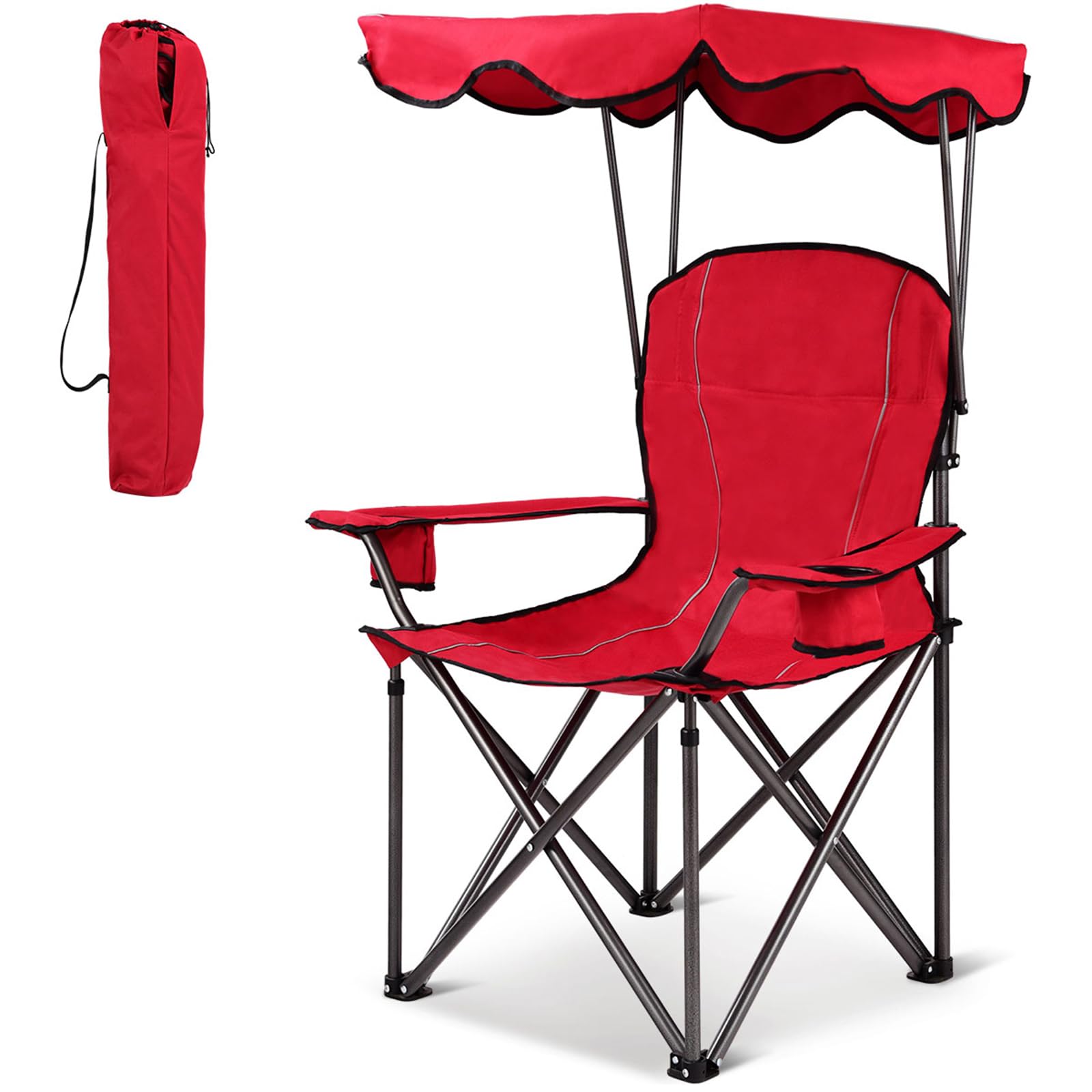 COSTWAY Sedia da Campeggio con Tettuccio, Poltrona da Spiaggia Pieghevole con Portabicchieri, Sedia Mare Leggera e Portatile, con Braccioli, Portata 120 kg (Rosso)