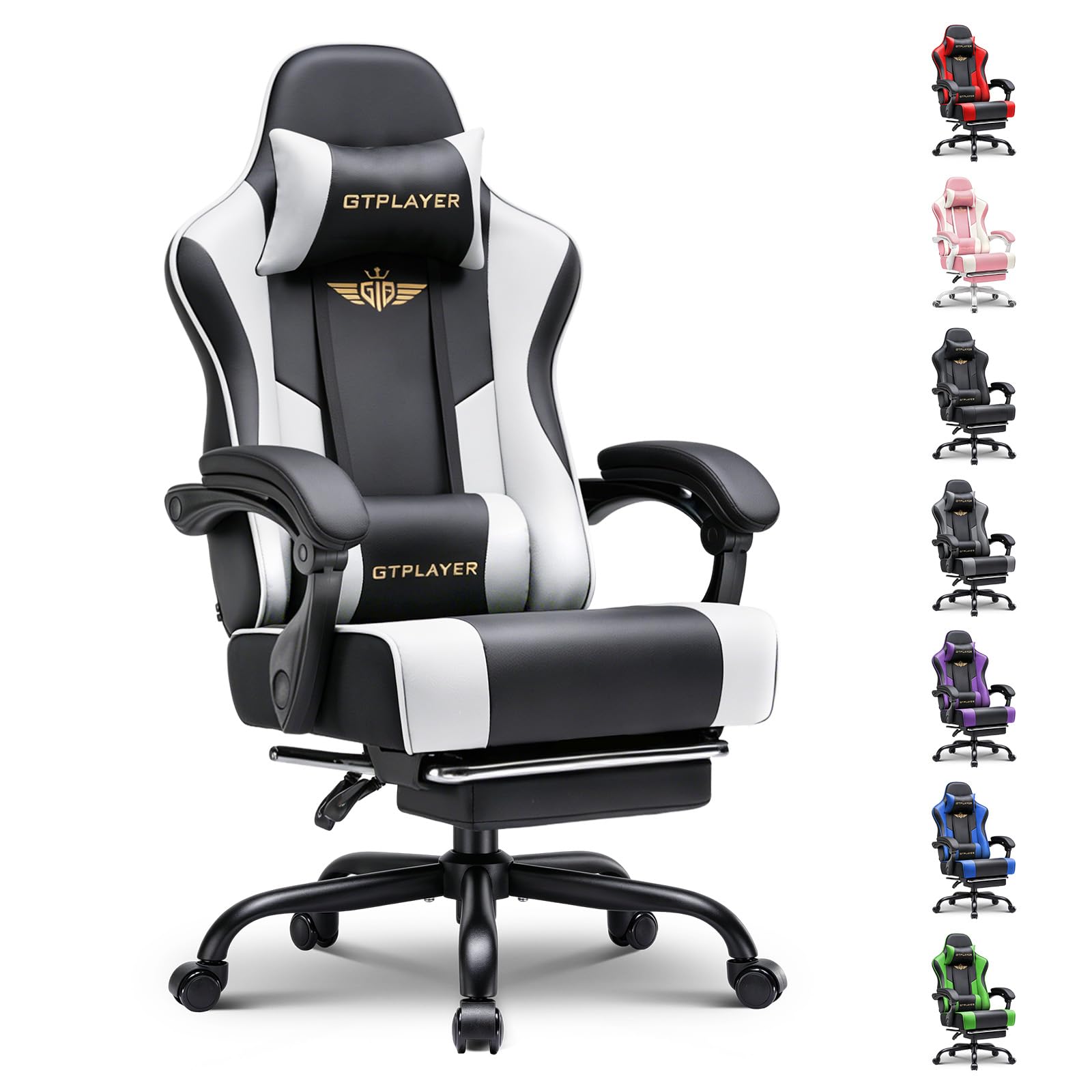 GTPLAYER Gaming Chair for Adults Computer Chairs with Footrest Headrest and Lumbar Support Ergonomic Height Adjustable Reclining PC Chair