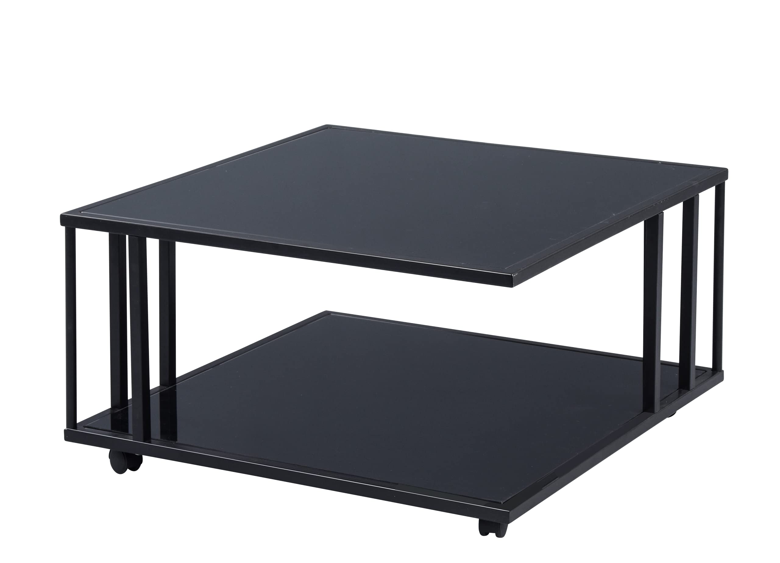 M2 Kollektion Paris 2 – Moderner Couchtisch 75x41x75 cm | Deck- und Ablageplatte aus 6 mm schwarz lackiertem Glas | Metallgestell auf Rollen