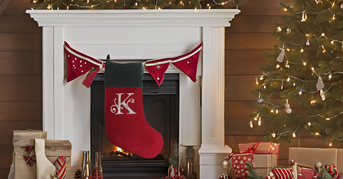 Evergreen Rot und Grün SAMT Strass Monogramm Weihnachtsstrumpf – K
