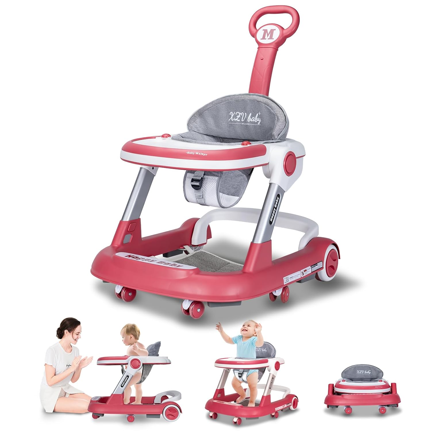 Baby Walker with Wheels 5 in 1 Foldable Activity Center with Mute Wheels Adjustable Heights Anti-Fall Push Walkers for Boys Girls Safe Infant Toddler Walker with Footrest for 6-24 Months Red