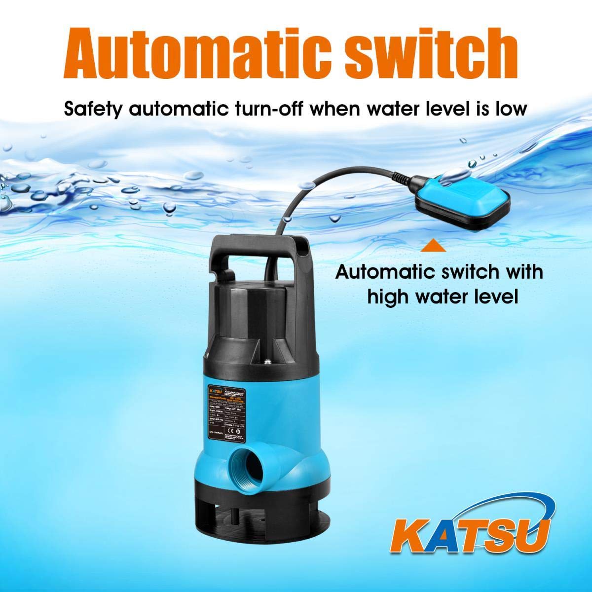 KATSU Pompa sommergibile portatile da 400 W per acqua pulita e sporca per laghetti da giardino, piscine e fossati + interruttore galleggiante