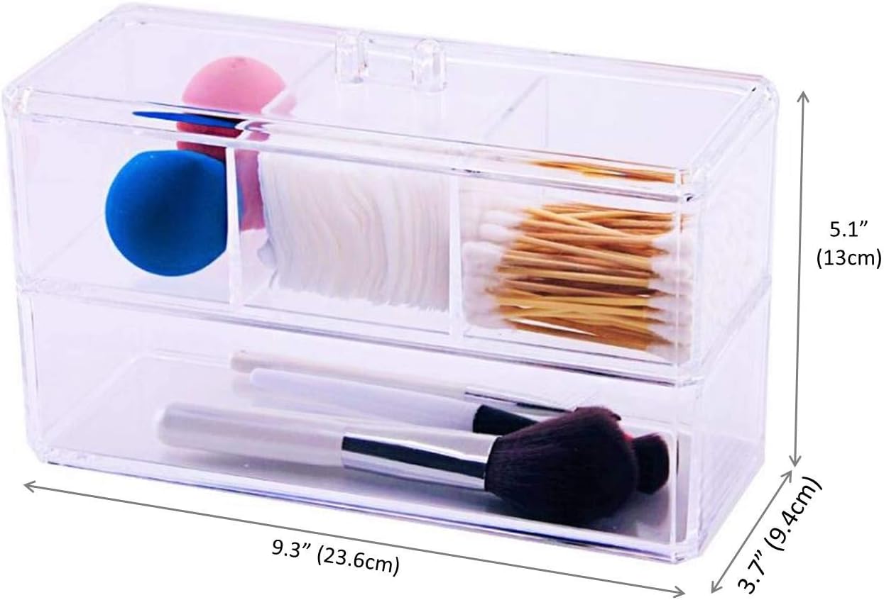 Square Acrylic Cotton Ball Pads Gauze Swab Holder Organizer Q-tip Dispenser Storage Canister Bathroom Container Flossers Box Case (9.3x3.7x5.1 in, 2 Tiers, 4 Partitions, Transparent) image 2