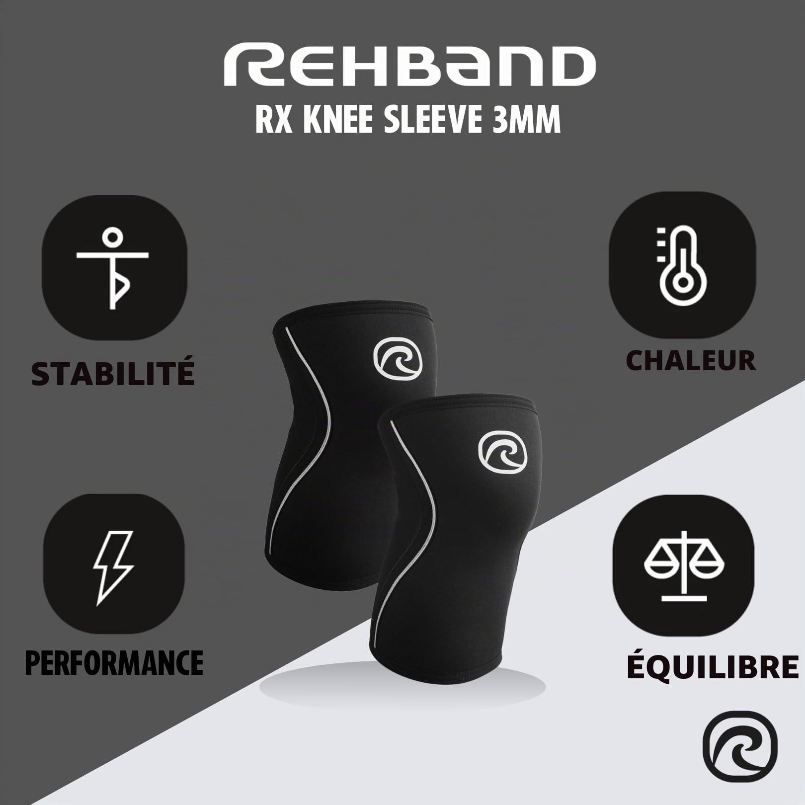 Rehband Genouillère en néoprène de 3 mm pour la Course et Le Fitness, stabilise et réchauffe Les Muscles, soutient Les articulations, Couleur:Noir, Taille:XL