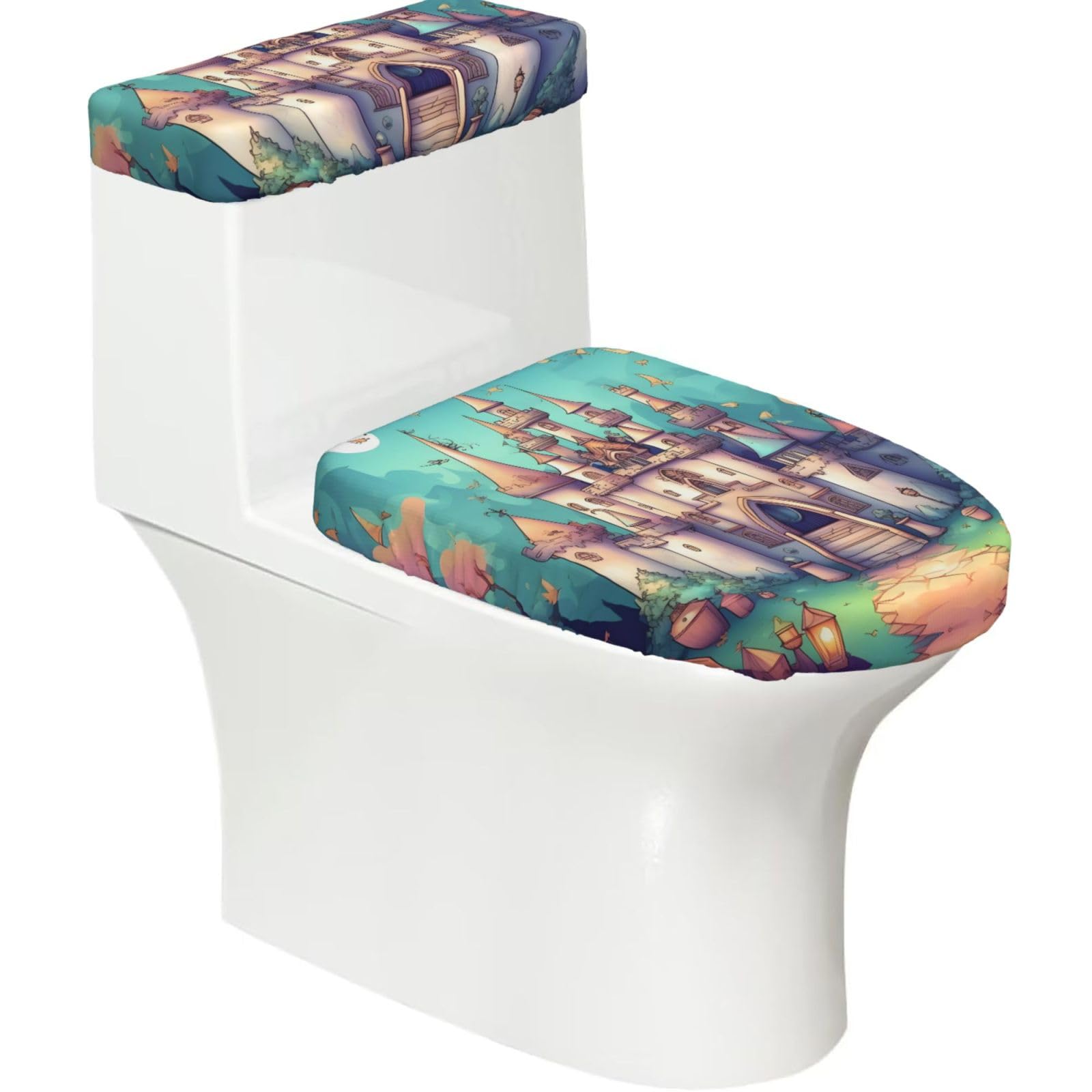 Cntdbu Black Classical Castle Stretchy Toilet Lid And Tank Cover Set-Soft Elastic Bathroom Decor For U Shape Oval