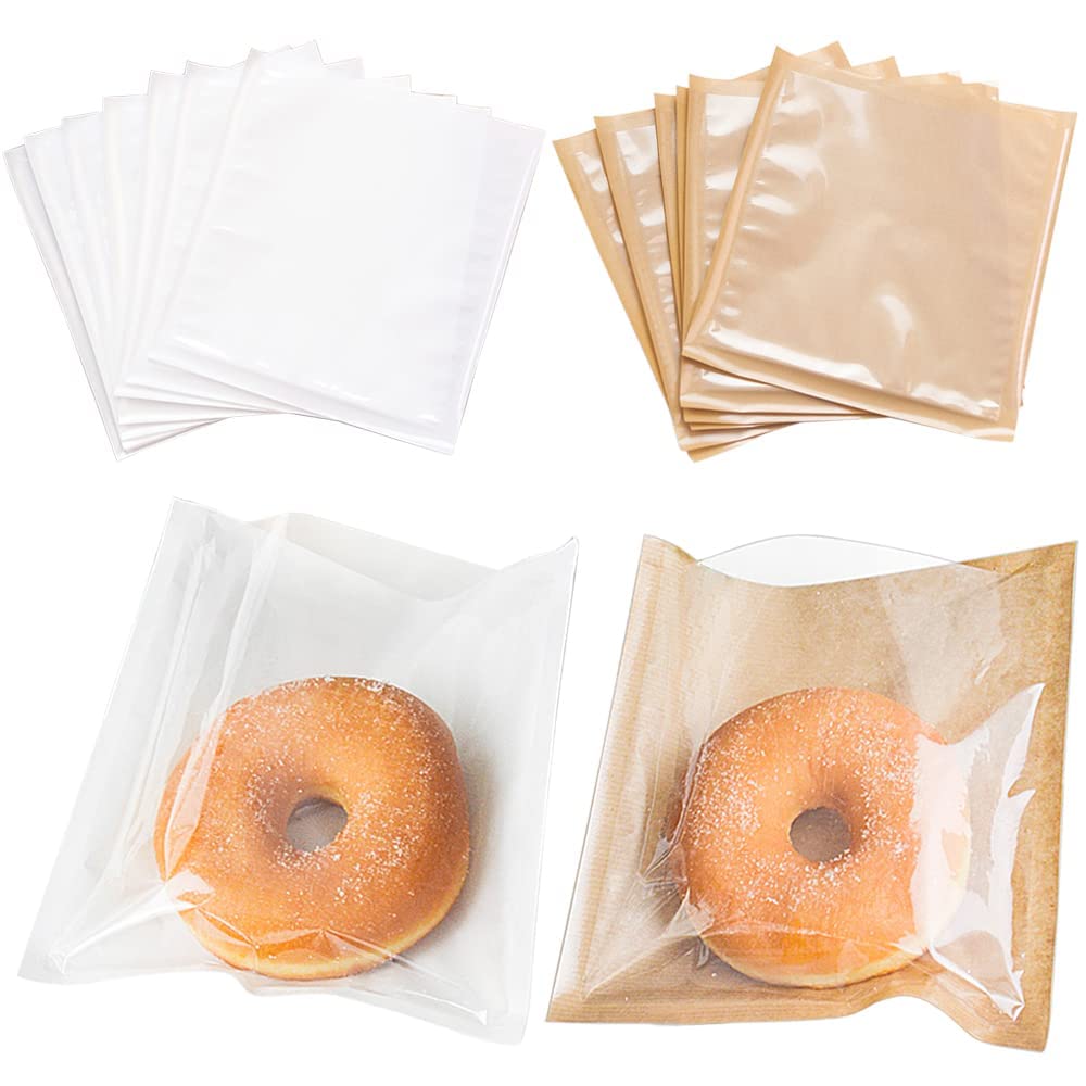 MAKINGTEC 100 Pcs Heat-Sealable Kraft Paper Food Bags - Translucent & Cookie Bags (7.1 * 7.5 in) for Cookie, Cake, Bread, Sandwich, Chocolate, Candy, Snack