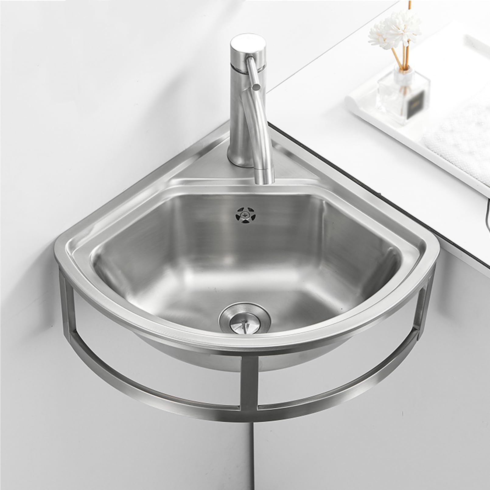 Lavabo angolare da parete in acciaio inox con rubinetto, moderno lavabo per bagno o bar, design salvaspazio per camper e piccoli spazi