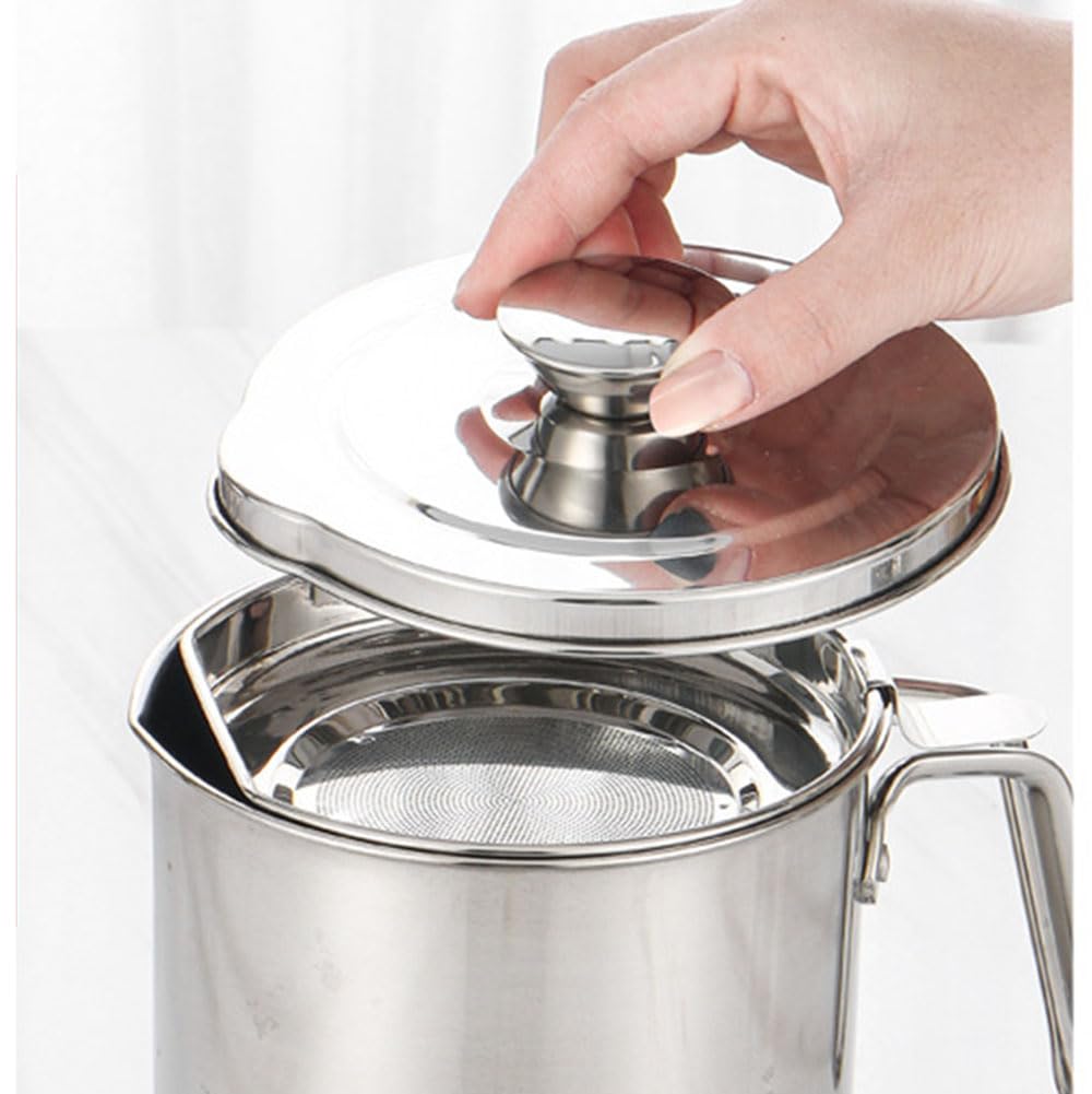 Filtro dell'olio in acciaio inox con colino per cucina, contenitore per grasso per pancetta con coperchio antipolvere, adatto per conservare olio per friggere e grassi da cucina (dimensioni: 1,7 L)