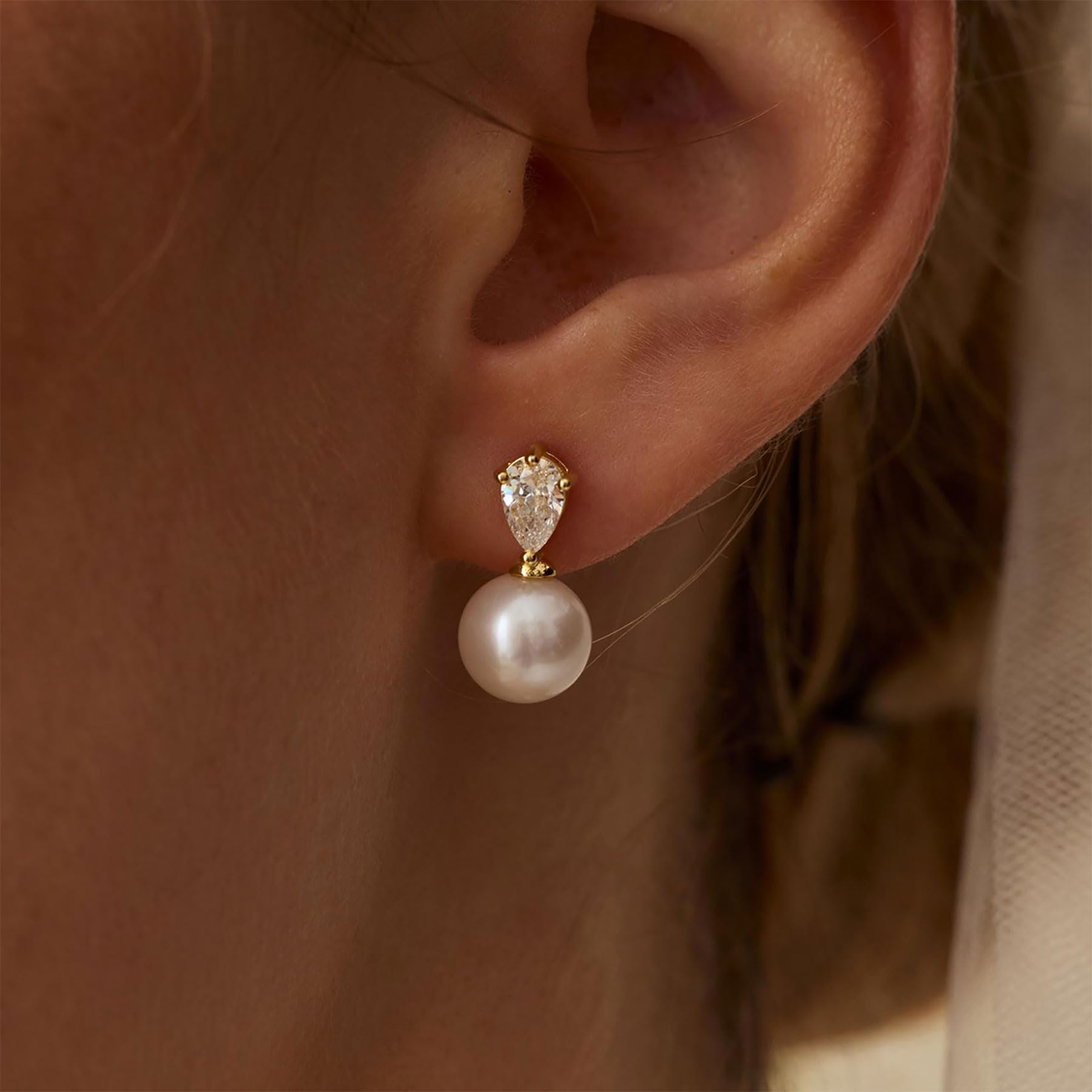 HLJEO Mothers Day Gifts Gold Pearl Earrings For Women,Dainty Wedding Earring 14K Gold Plated Formal Pearl Drop Earrings For Women Trendy Simple Prom Wedding Bride Earring Fashion Womens Jewelry — view 2