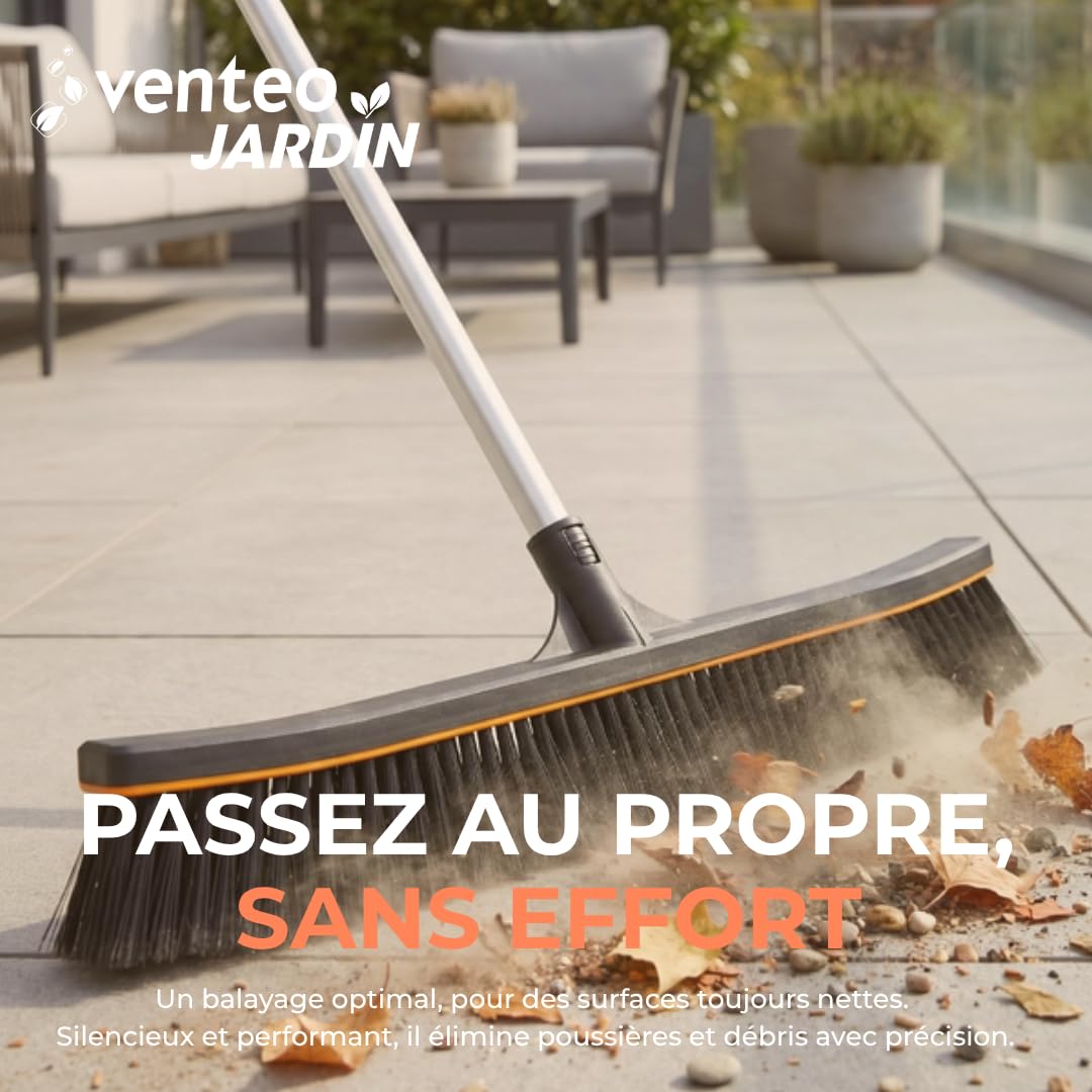 Le Balai du Pro VENTEO - Scopa spazzola per pavimento duro esterno, manico telescopico fino a 176 cm, testa di scopa XXL, scopa da giardino, terrazza, balcone, garage