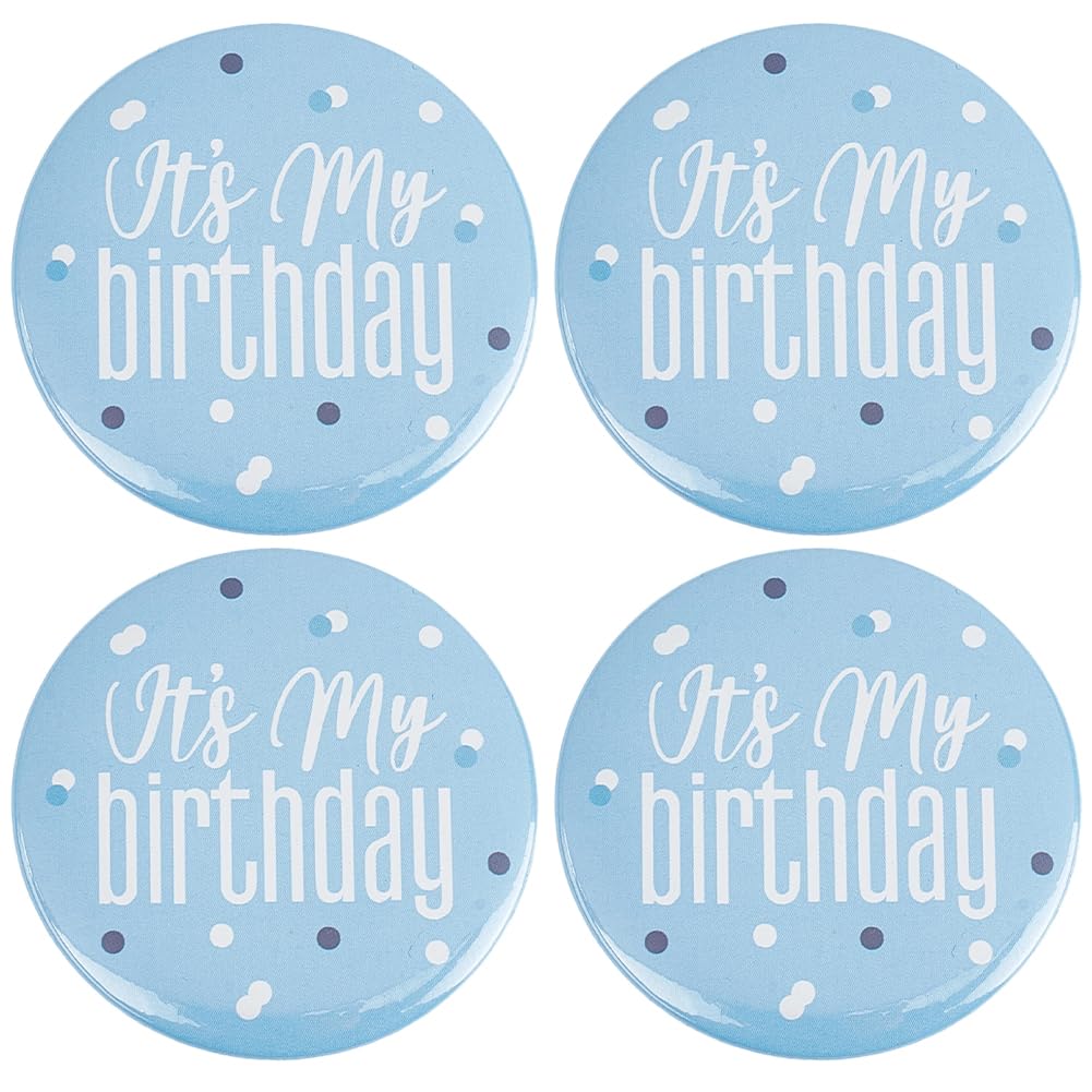 CREATCABIN 4Pcs Birthday Pin It's My Birthday Badge Happy Round Birthday Button Badges White Blue Iron Party Badge Lapel Tinplate Birthday Brooches for Backpack Clothes Women Decorations Supplies 58mm