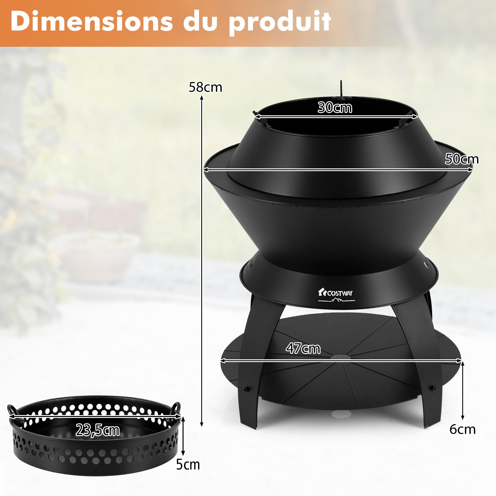 GYMAX Foyer Extérieur en Métal, Brasero Compact 3 en 1 avec Cendrier, Étagère Inférieure pour Rangement de Bûches, Trous pour Entrée d'air, pour Barbecue, Camping
