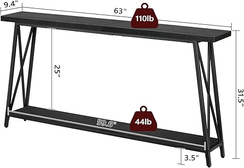 Miniatura 19 de Mesa consola, mesa de entrada industrial de 63 pulgadas, mesa de sofá extra larga detrás del sofá, soporte en forma de X, para entrada, pasillo,