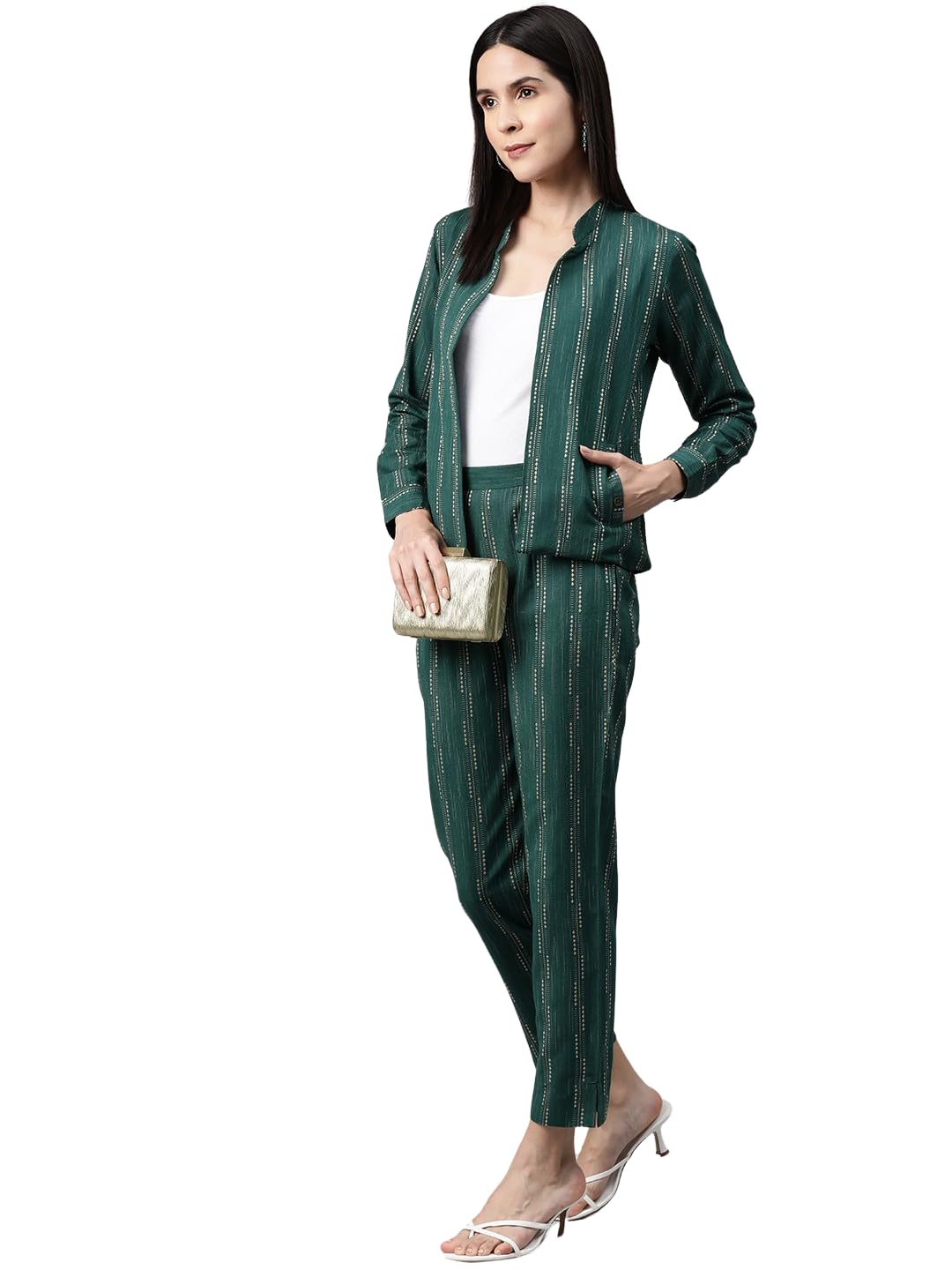 Women Self Designed Green Coat with Trousers Co-ord Sets-image-0