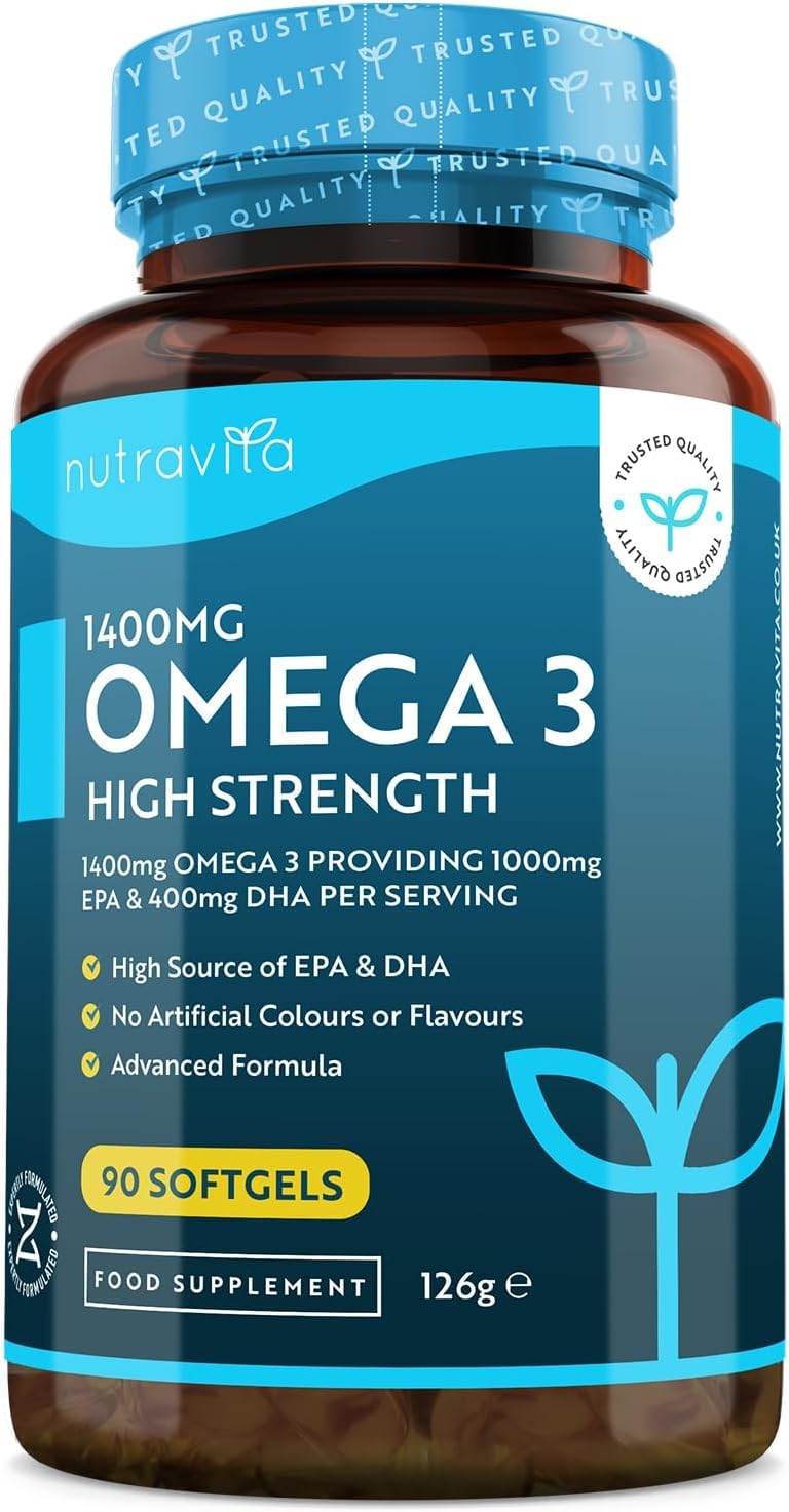 Super Strength Omega 3 Fish Oil 2000mg - Providing 1000mg EPA and 400mg DHA Per Serving - Sustainably Sources & Impurities Free - Made in the UK by Nutravita