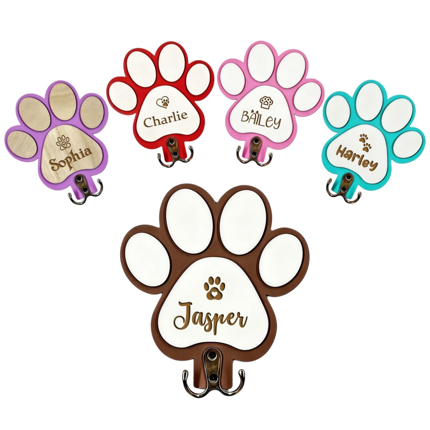 BFBZYME Personalized Dog Leash Holder Wall Mount, Custom Engraved Wood Paw Hanger, Entryway Key Rack Collar Harness Organizer Hook Gift for Pet Lovers(Coffee)
