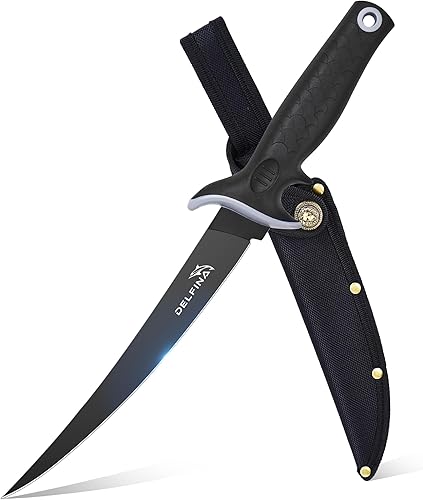 DELFINA Cuchillo de filete de 9 pulgadas con mango ergonómico y funda suave, cuchillo de pesca de filete de acero alemán duradero, ideal para