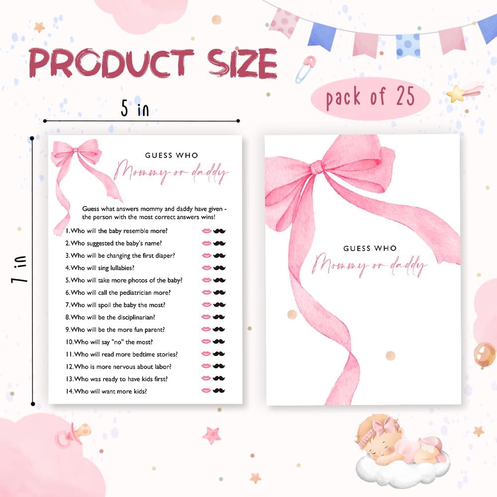 Guess Who Mommy or Daddy Baby Shower Game, 25 Double-Sided Pink Bow Baby Shower Games for Girls, Interactive Baby Shower Game Girl Party Supplies, Baby Girl Celebrations - A02