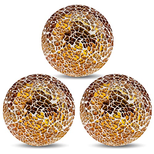 Yatinkim Mosaic Glass Ball 3pcs Decorative Balls for Bowls 3.35inch Gold Orbs Mirror Glass Orb Sphere for Dining Table Centerpiece Vases Living Room Wedding Party Decor