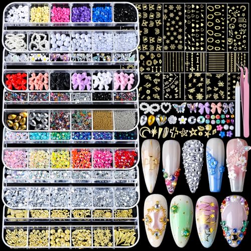 Teenitor Nail Charms Nail Gems with 15 Sheets Gold...