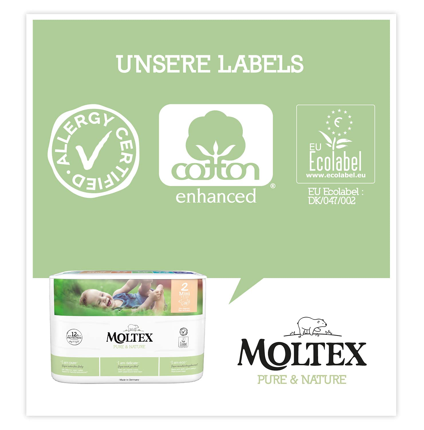 Moltex Pure & Nature Öko Windeln Größe 2 Mini (3-6 kg) Monatsbox -152 Bio Windeln