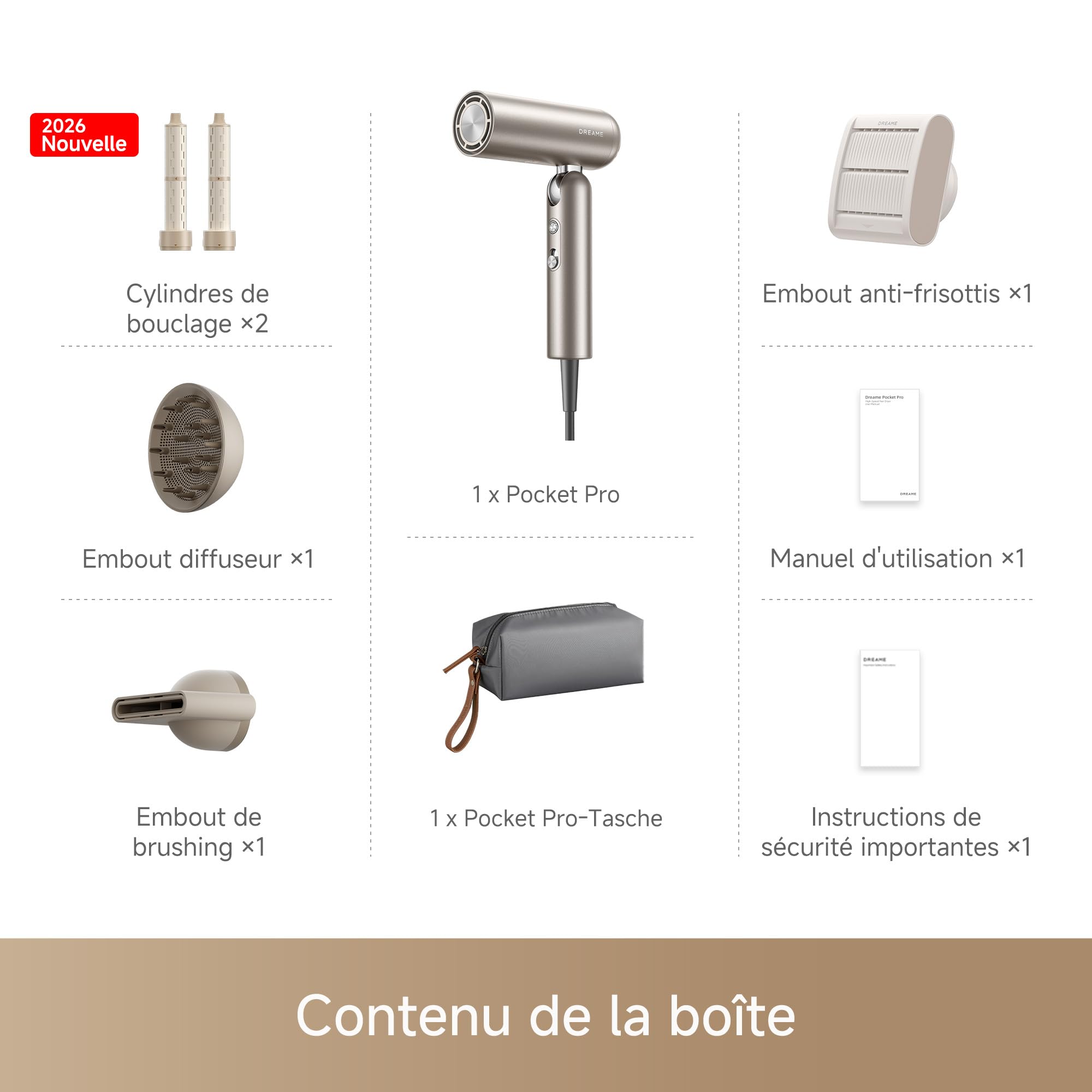 DREAME Pocket Pro, 3 formes pliables, 300 g, moteur de 110 000 tr/min, 300 millions d'ions négatifs/cm³, température constante de 57°C, séchage NTC 40 s, 2026 Nouvelle Version