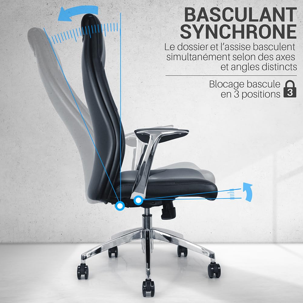Waytex Fauteuil de Bureau Direction Confortable, Dossier Haut en Simili Cuir Anti-Abrasion, Accoudoirs en Aluminum Poli et Manchettes Simili Cuir, Pied Aluminium