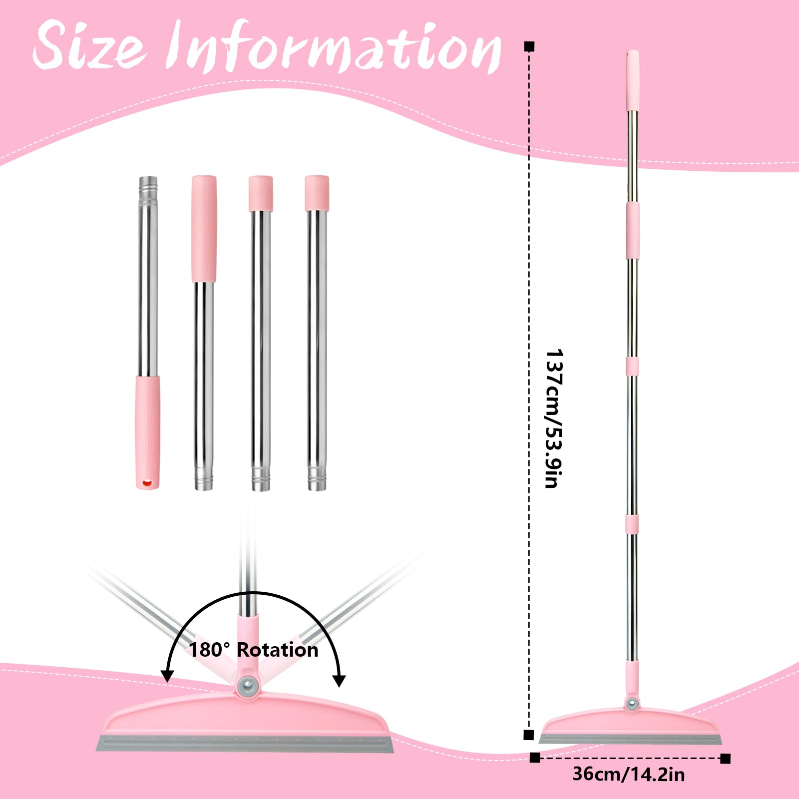 OOOFLOWER Multifunction Silicone Broom, 54 Inch Adjustable Long Handle Rubber Magic Broom Sweeper for Floor Bathroom Kitchen Shower Pet Hair Glass(Gray Pink)