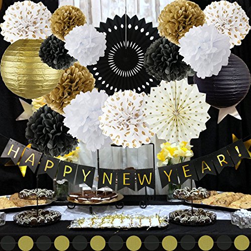 Happy New Year Decorations Happy New Year Banner Chinese Paper Lanterns Tissue Paper Flowers Pom Poms Hanging Paper Fans Garland New Years Eve Party Decorations Kit