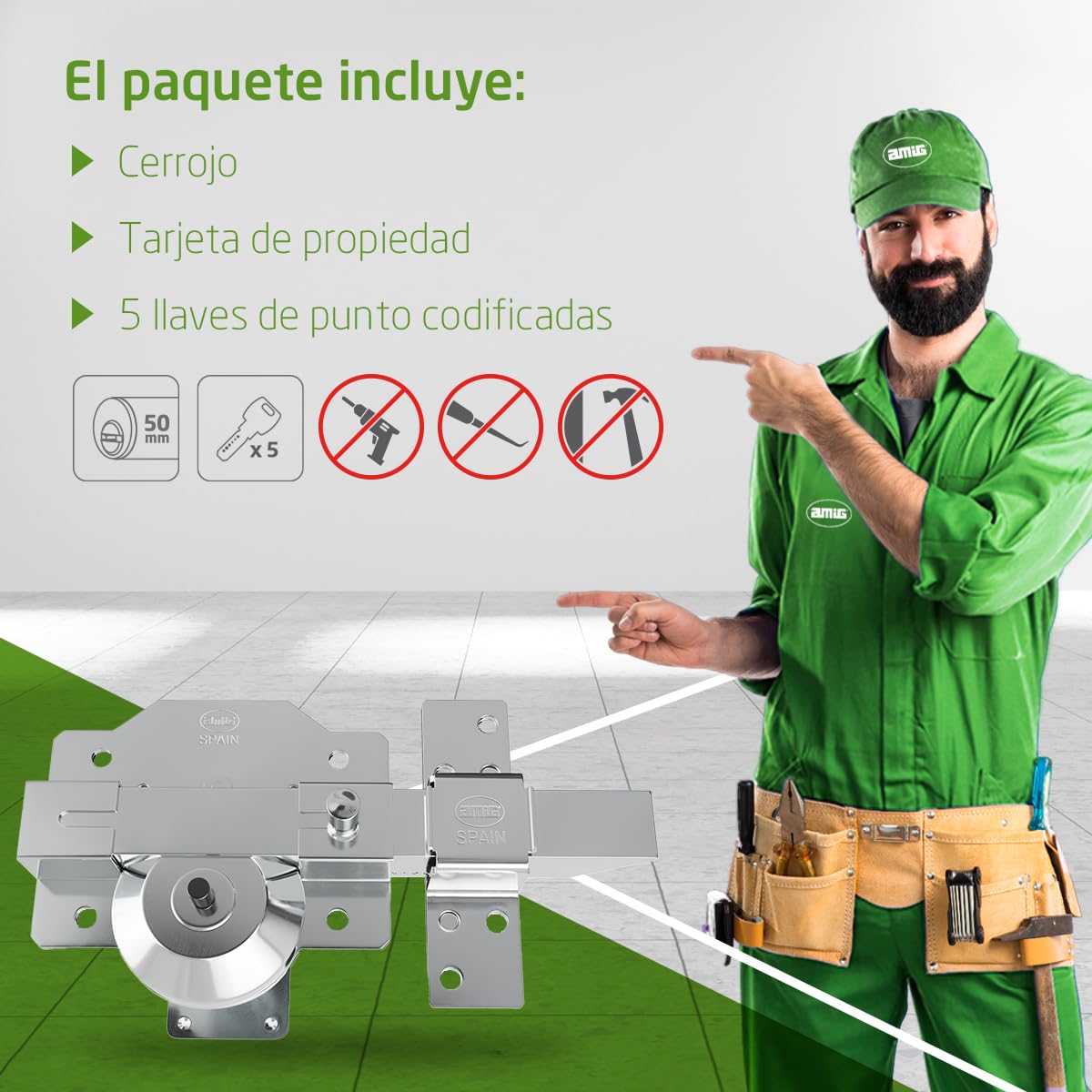 Amig - Cerrojo de Sobreponer con Resbalón de Alta Seguridad - Cilindro 50 mm - 90 x 154 mm - Acero - Cromado Brillo - Antibumping y Antitaladro - Cierre a la Izquierda