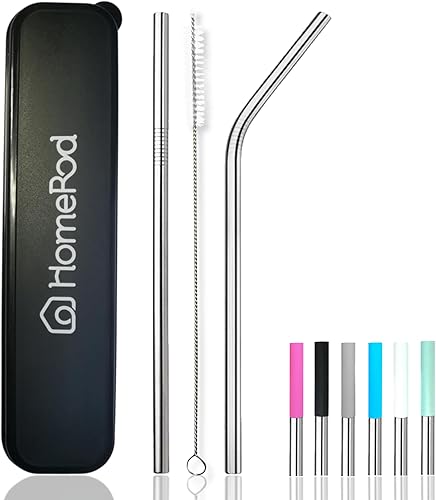 Miniatura 1 de Juego de 10 2 pajitas de acero inoxidable de 9 pulgadas de largo, 6 puntas de colores, 1 cepillo de paja en una funda de plástico duro de viaje.