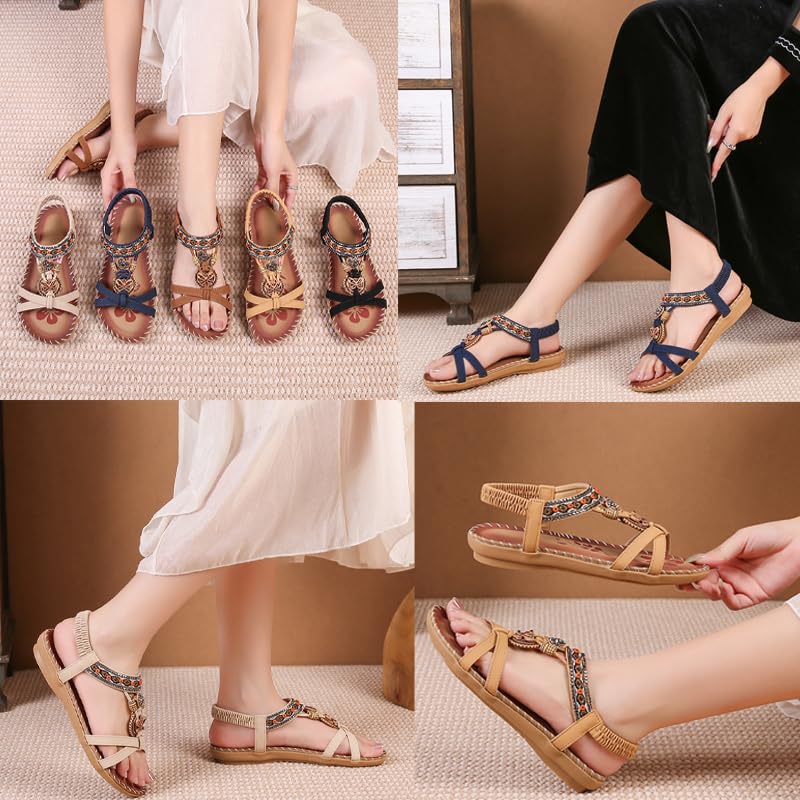 Women'S Flats Sandals Summer Bohemian Beaded Dress Shoes Comfort With Elastic Ankle Strap Women Flats Open Toe Sandal Comfortable Ankle Strap Outdoor Walking4
