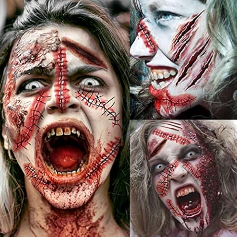 EGMBGM 128+ PCS 28 Sheets Fake Stitches Temporary Tattoos Halloween Makeup Kit For Women Men Adults Kids 3D Zombie Make Up Scary Fake Chucky Scars Tattoo Stickers Wound Cut Blood Face Tatoos Scratches Cover