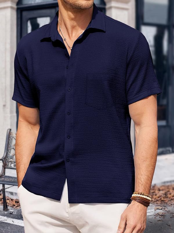 Image of Pinkmint Men's Popcorn Shirt Comfortable Short Sleeve Shirt's Casual Textured Shirt (Pack of 1) Pink