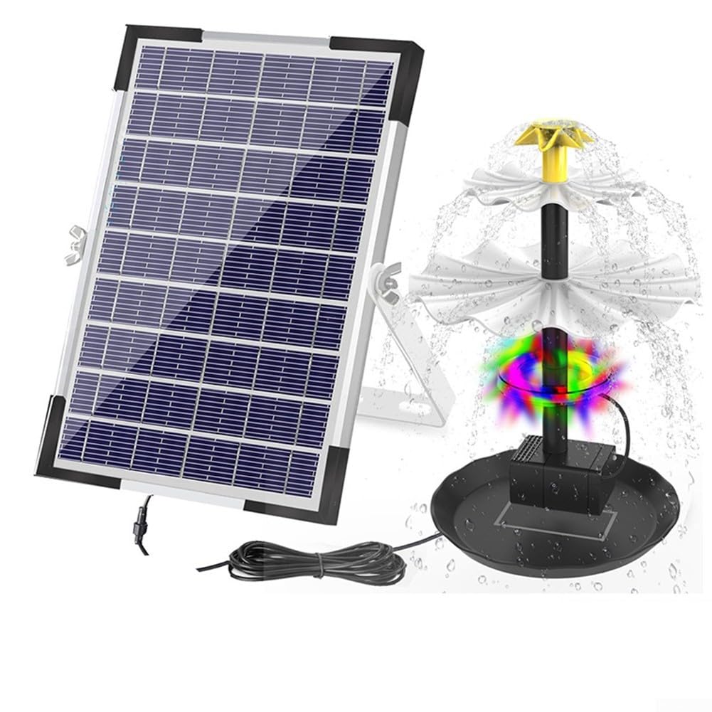 Pompa a fontana per uccelli a energia solare, 6 W, 9 V, con 12 luci LED, 9 ugelli, per giardino, laghetti, piscine, cascata d'acqua (con luce)