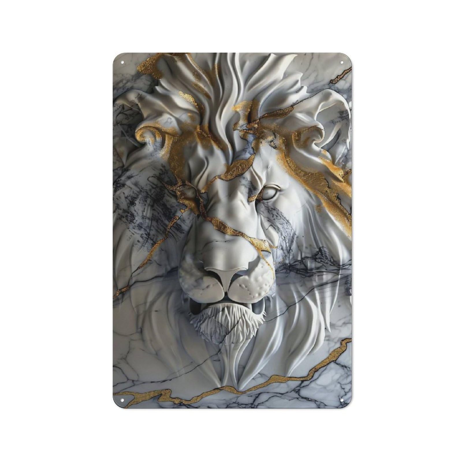 Junmoney Style-15 Character Decorative Tin Plaque 30X20cm Featuring Marble Lion Head With Gold Inlay, Home Wall Decor For Flat, Dorm Room, Lounge Or Cafe
