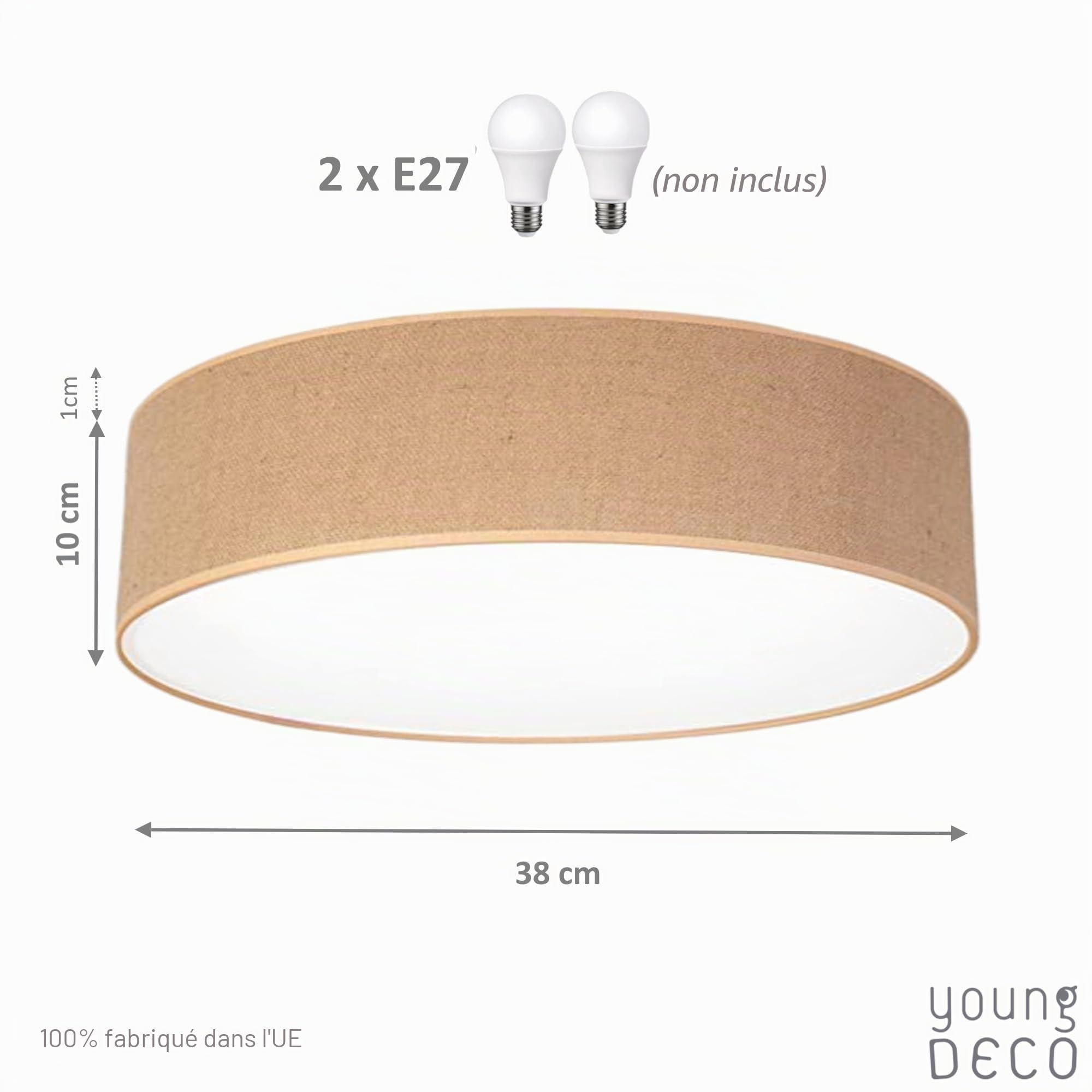 Luminaire Plafonnier Rond Ø38cm, 2xE27, Abat Jour Plafond en Tissu de Coton, Lustre Salon, Chambre Adulte et Chambre Enfant