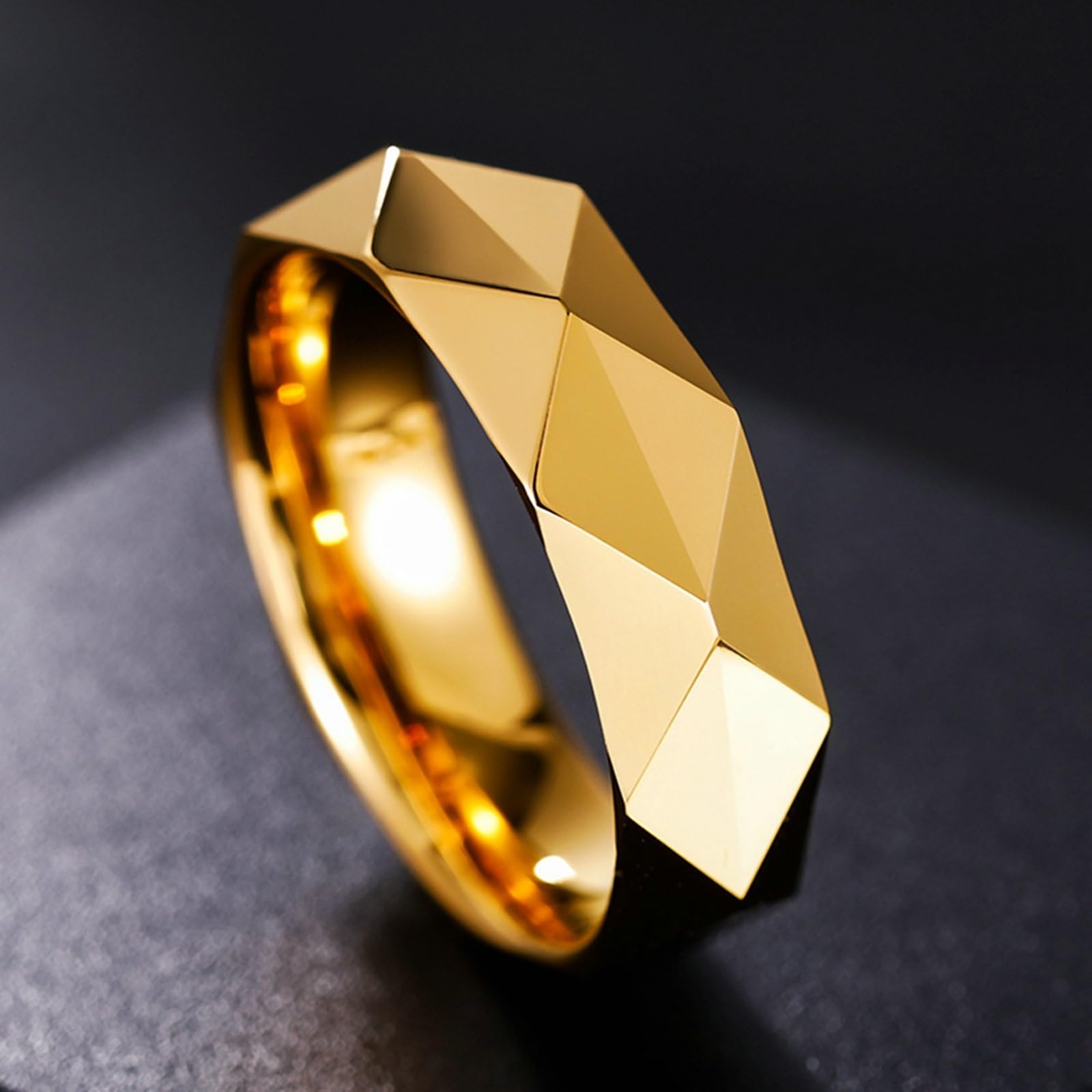 Anello di fidanzamento in tungsteno, unisex, 6 mm, lucidato a specchio, con rombi, unisex, oro